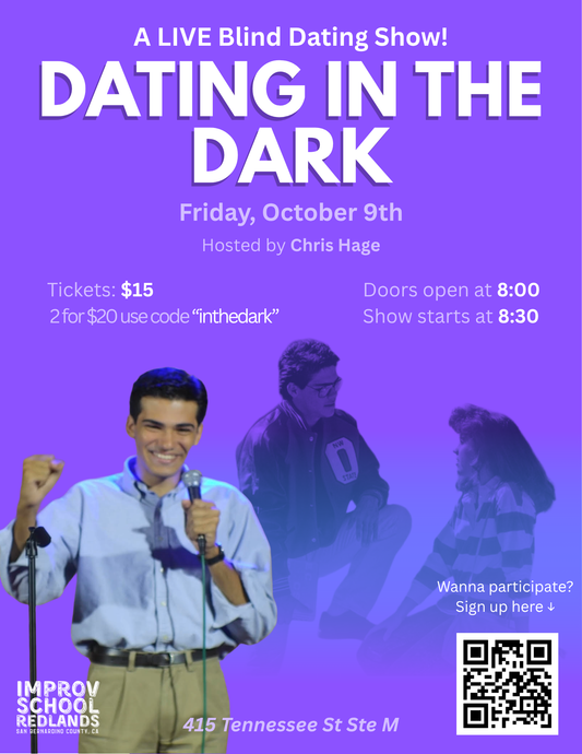 Purple flyer for Dating in the Dark, a live blind dating show hosted by Chris Hage, Friday October 9th, doors open at 8, show starts at 8:30, $15 tickets or 2 for $20, with a photo of the host holding a microphone